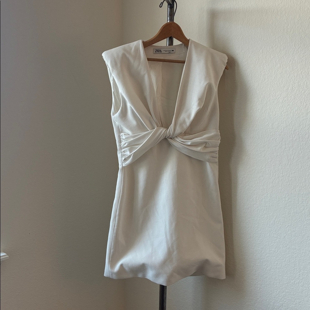 *REPAIR* Zara sz XS Deep V white Cocktail Twist Dress Statement Shoulder Pads